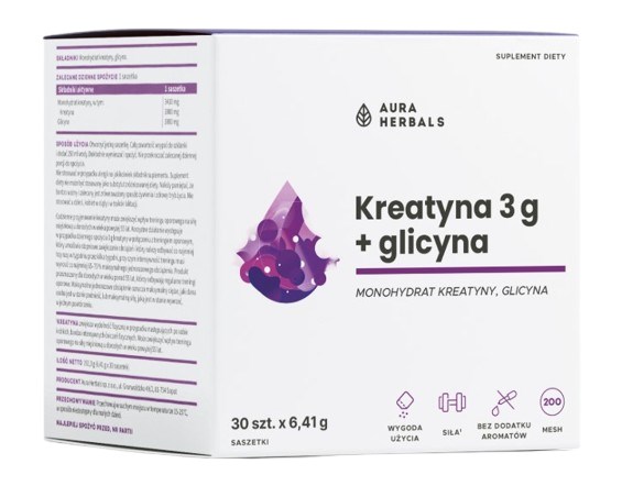 Aura Herbals - Kreatinmonohydrat 3 g + Glycin, påsar, 30 st | KreatintillskottFlytande kreatinFitness och träning | Apoteka