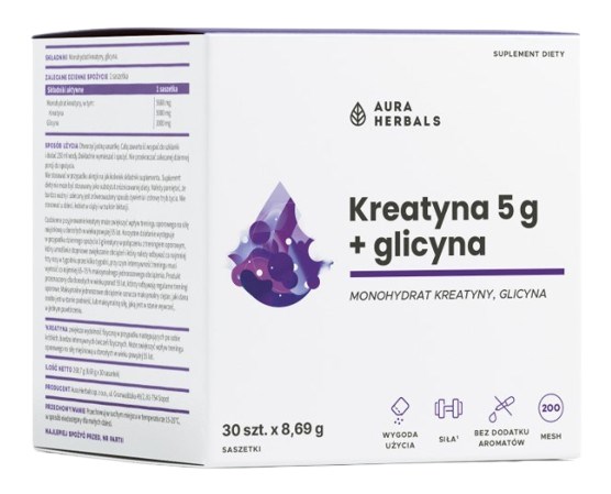Aura Herbals - Kreatinmonohydrat med Glycin, 5 g sacheter, 30 st | KreatintillskottFlytande kreatinFitness och träning | Apoteka