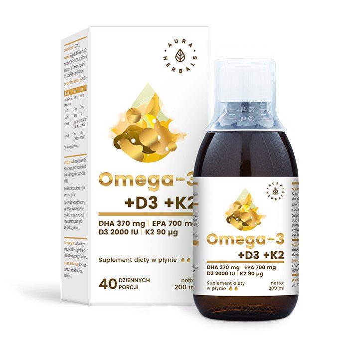 Aura Herbals - Omega-3, 370 DHA / 700 EPA + D3 2000 IU + K2, 200 ml | Vitaminer och MineralerD-vitaminK-vitaminOmegas - EFA - CLA - oljorOmega och fiskoljaOmega & Näringsoljor | Apoteka