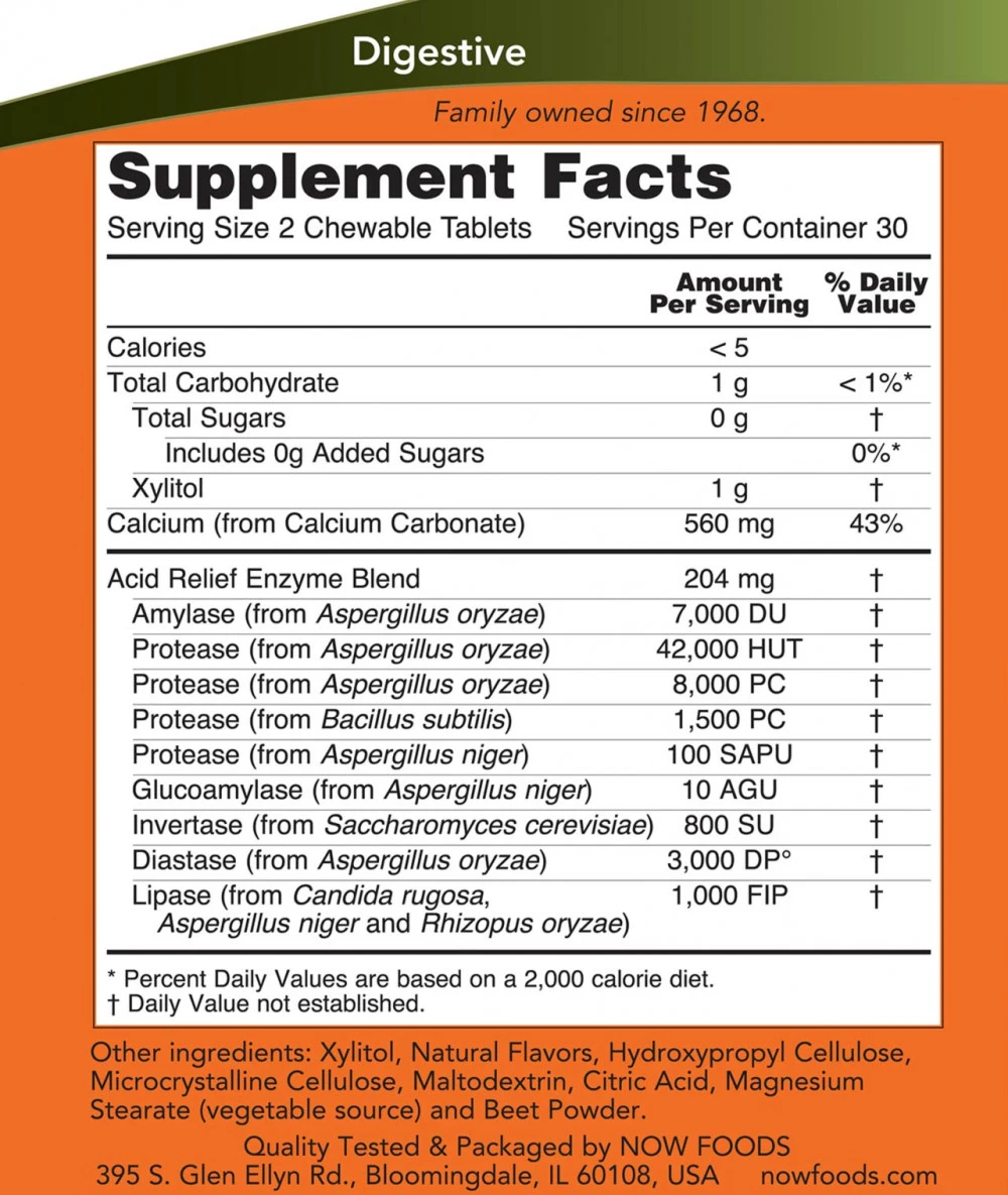 NOW - Syralindring med Enzymer, 60 tuggtabletter - Bild 2
