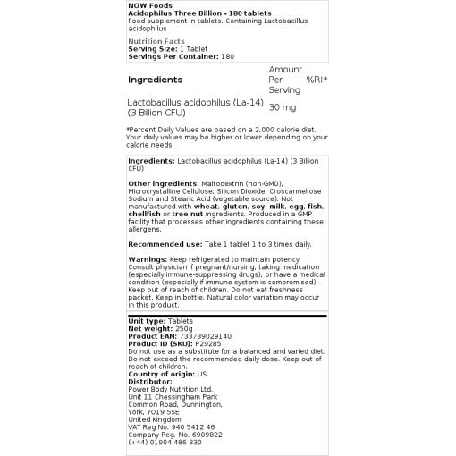 NOW Foods - Acidophilus Tre Miljarder, 180 tabletter - Bild 2