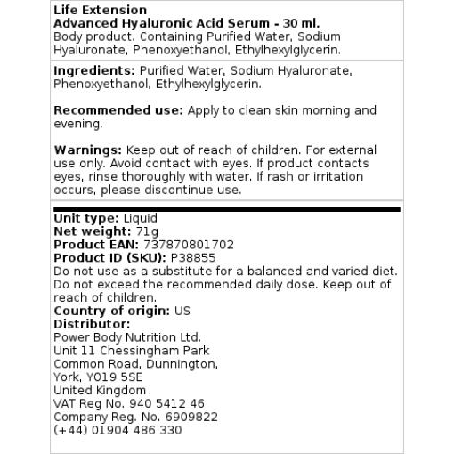 Life Extension - Avancerat Hyaluronsyraserum, 30 ml - Bild 2
