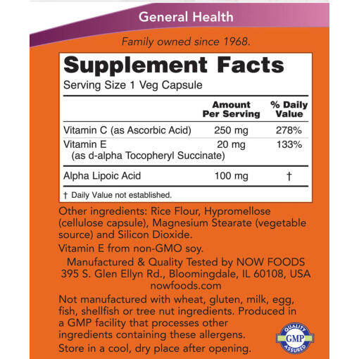 NOW - Alfa-liponsyra, 100 mg kapslar - Bild 2
