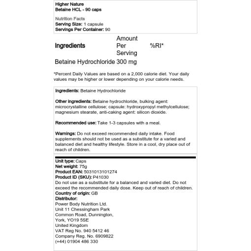 Higher Nature - Betaine HCl, 90 kapslar - Bild 2