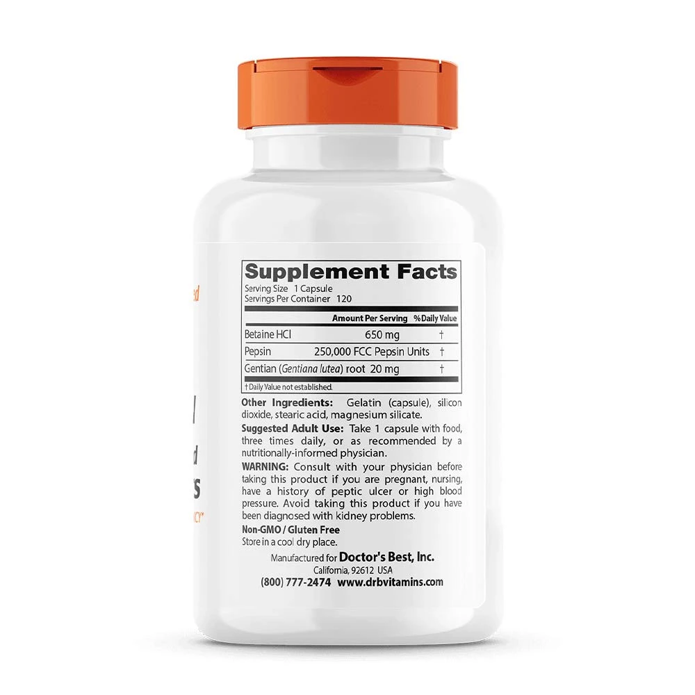 Doctor's Best - Betaine HCl Pepsin & Gentian Bitters, 120 kapslar - Bild 2