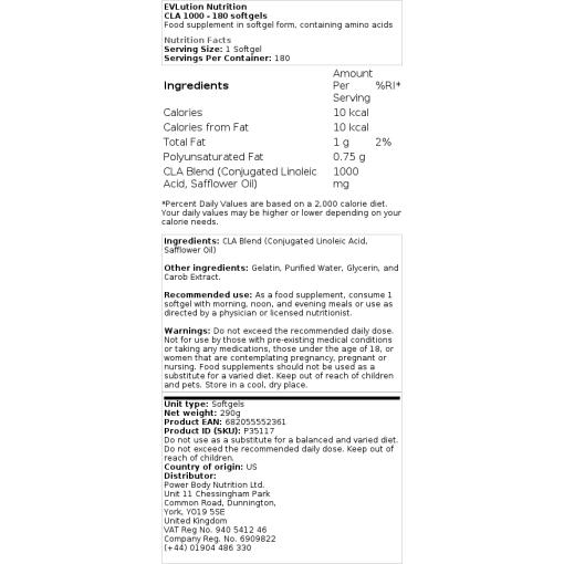EVLution Nutrition - CLA 1000, 180 mjukkapslar - Bild 2