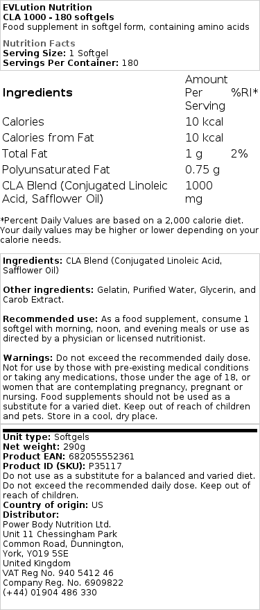 EVLution Nutrition - CLA 1000, 180 mjukkapslar - Bild 2