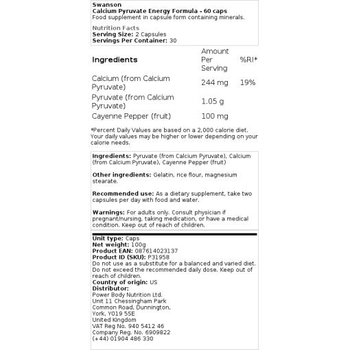 Swanson - Kalcium Pyruvat Energi Formel, 60 kapslar - Bild 2