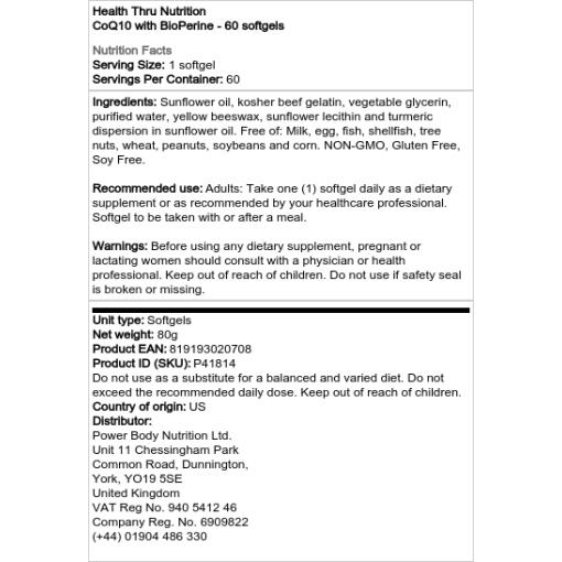 Health Thru Nutrition - CoQ10 med BioPerine, 60 mjukkapslar - Bild 2