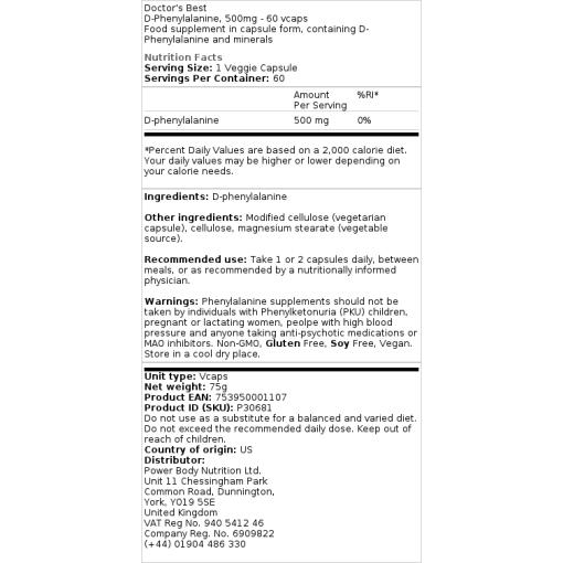 Doctor's Best - D-Fenylalanin, 500 mg, 60 kapslar - Bild 3
