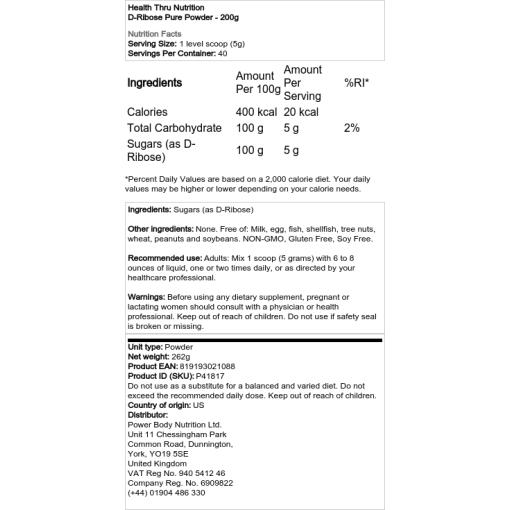 Health Thru Nutrition - D-Ribose Rent Pulver, 200g - Bild 2