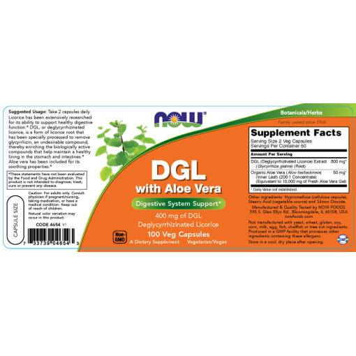 NOW - DGL med Aloe Vera, 100 vegetabiliska kapslar - Bild 2