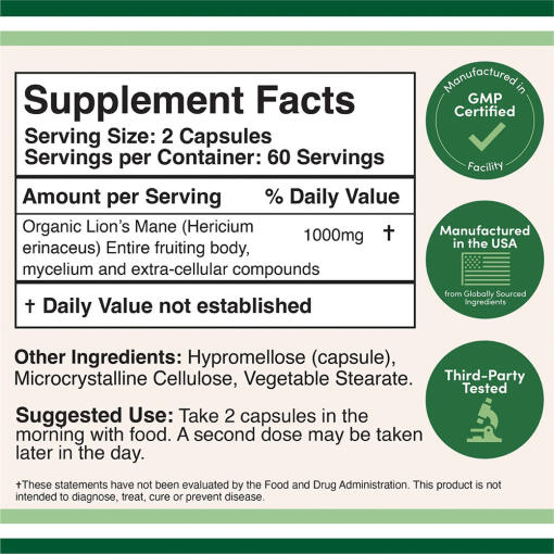 Double Wood Supplements - Dubbelträ Lion's Mane-svamp (120 kapslar) - Bild 2