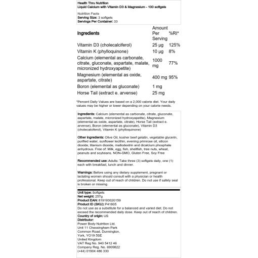 Health Thru Nutrition - Flytande Kalcium med D3-Vitamin och Magnesium, 100 softgels - Bild 2