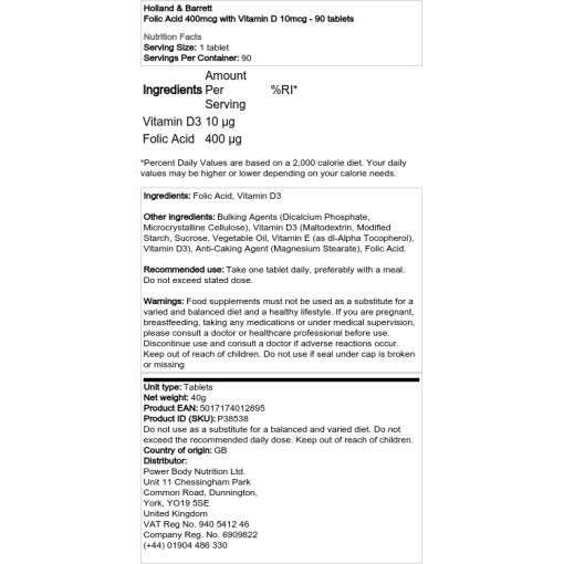 Holland & Barrett - Folinsyra 400 mcg med D-vitamin 10 mcg, 90 tabletter - Bild 2