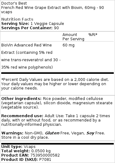 Doctor's Best - Franskt rödvinsdruvextrakt med Biovin, 60 mg - 90 vcaps - Bild 3