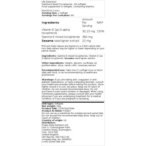 Life Extension - Gamma E Blandade Tokoferoler, 60 mjukkapslar - Bild 2