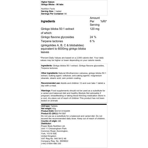 Higher Nature - Ginkgo Biloba, 90 tabletter - Bild 2