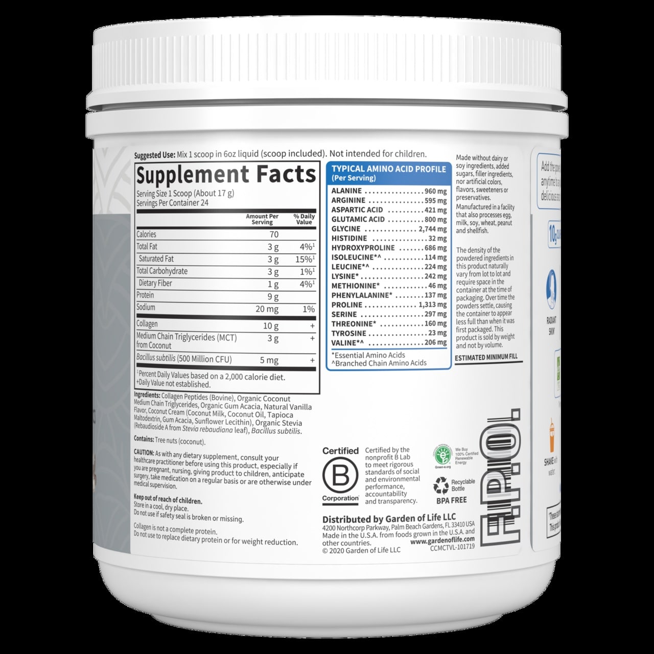 Garden of Life - Gräsfodrat Kollagen med Kokosnöts-MCT och Vanilj, 408 g pulver - Bild 3