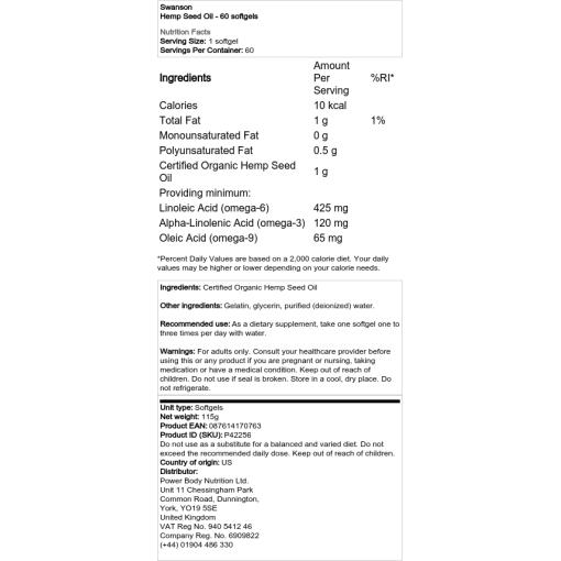 Swanson - Hampfröolja, 60 mjukkapslar - Bild 2