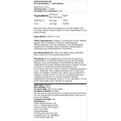 Holland & Barrett - Järn och C-vitamin, 100 tabletter - Bild 2