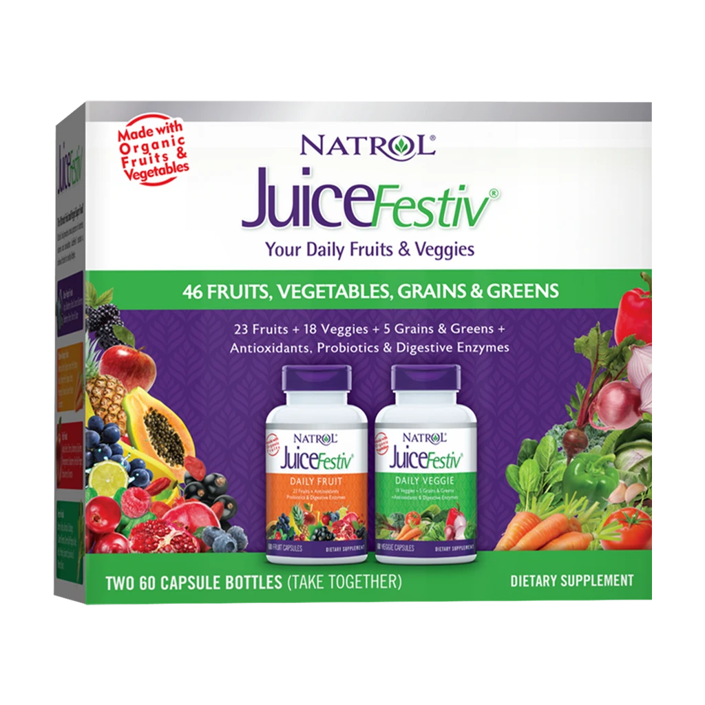 Natrol - JuiceFestiv, Dagliga Frukter &amp; Grönsaker - 60 + 60 kapslar | Vitaminer och MineralerHälsokostFörbättra humöretHumörförbättring | Apoteka