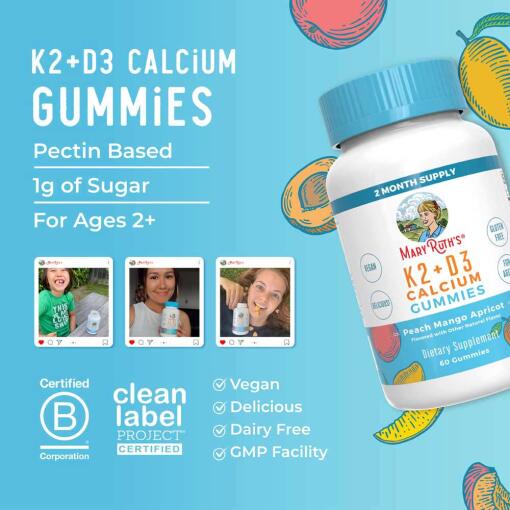MaryRuth Organics - K2 + D3 Kalciumgummier, Persika, Mango & Aprikos - 60 gummier - Bild 4