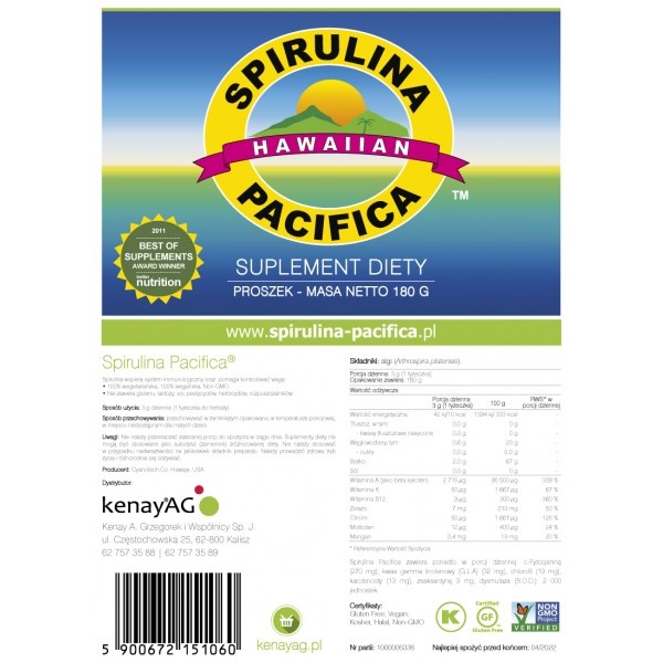 Kenay - Spirulina Pacifica Pulver, 180 g | Vitaminer och MineralerHälsa och välbefinnandeSpirulinaBiohacking | Apoteka