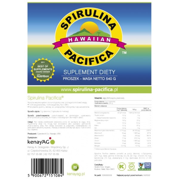 Kenay - Spirulina Pacifica Pulver, 540 g | Vitaminer och MineralerHälsa och välbefinnandeSpirulinaBiohacking | Apoteka