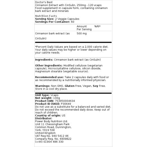 Doctor's Best - CinSulin Kanelekstrakt, 250 mg - 120 vcaps - Bild 3