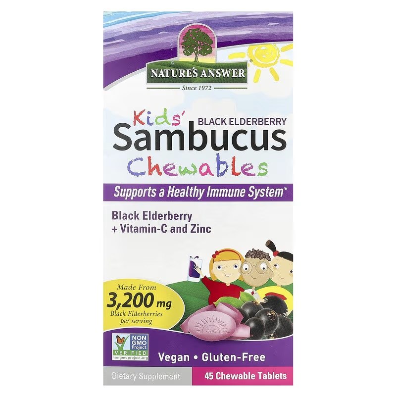 Natures Answer - Barns Sambucus Tuggtabletter, Svart Fläderbär - 45 tuggtabletter | Vitaminer och MineralerVeganska produkterHälsa och välbefinnandeÖrttillskottHälsokostBarns hälsaÖrter och växtbaserade preparat | Apoteka