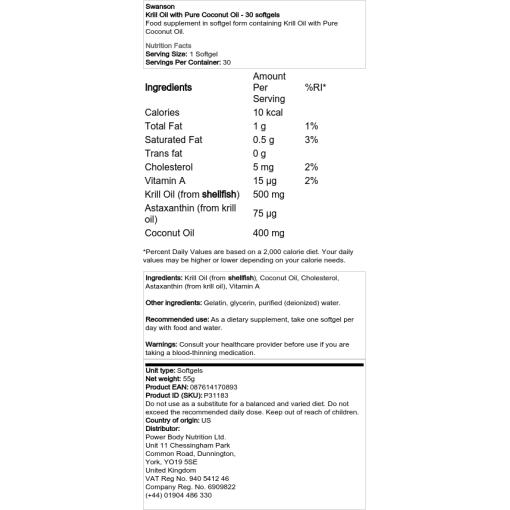 Swanson - Krillolja med Ren Kokosolja, 30 Mjuka Kapslar - Bild 2