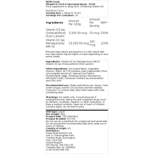NOW Foods - Liposomal D3- och K2-vitaminspray, 59 ml - Bild 2