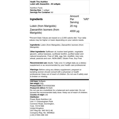Health Thru Nutrition - Lutein med Zeaxanthin, 180 mjukkapslar - Bild 2