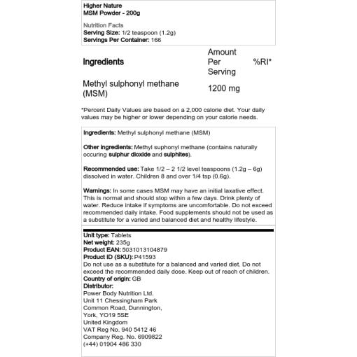 Higher Nature - MSM Pulver, 200g - Bild 2