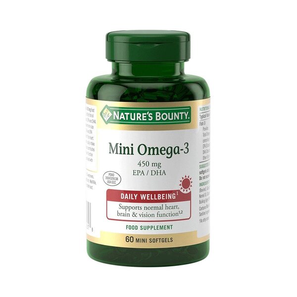 Natures Bounty - Mini Omega-3, 450 mg, 60 mini mjukkapslar | Vitaminer och MineralerHälsa och välbefinnandeMultivitaminerOmegas - EFA - CLA - oljorHälsokostOmega & Näringsoljor | Apoteka