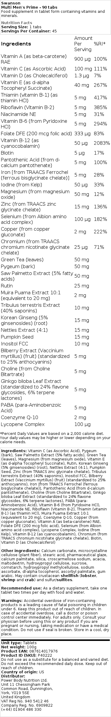 Swanson - Multi för män Prime, 90 tabletter - Bild 2