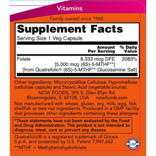 NOW Foods - Metylfolat 5000 mcg, 50 vegetabiliska kapslar - Bild 2