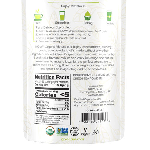 NOW - Ekologiskt Matchagrönt Te Pulver, 85 g - Bild 2