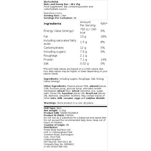 BioTechUSA - Nötter och Honung, 28 x 35 g - Bild 2