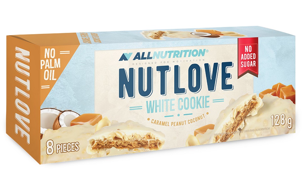 Allnutrition - Nutlove White Cookie, Karamell Jordnöt Kokos - 8 kakor | HälsokostSkuldfria godsaker | Apoteka
