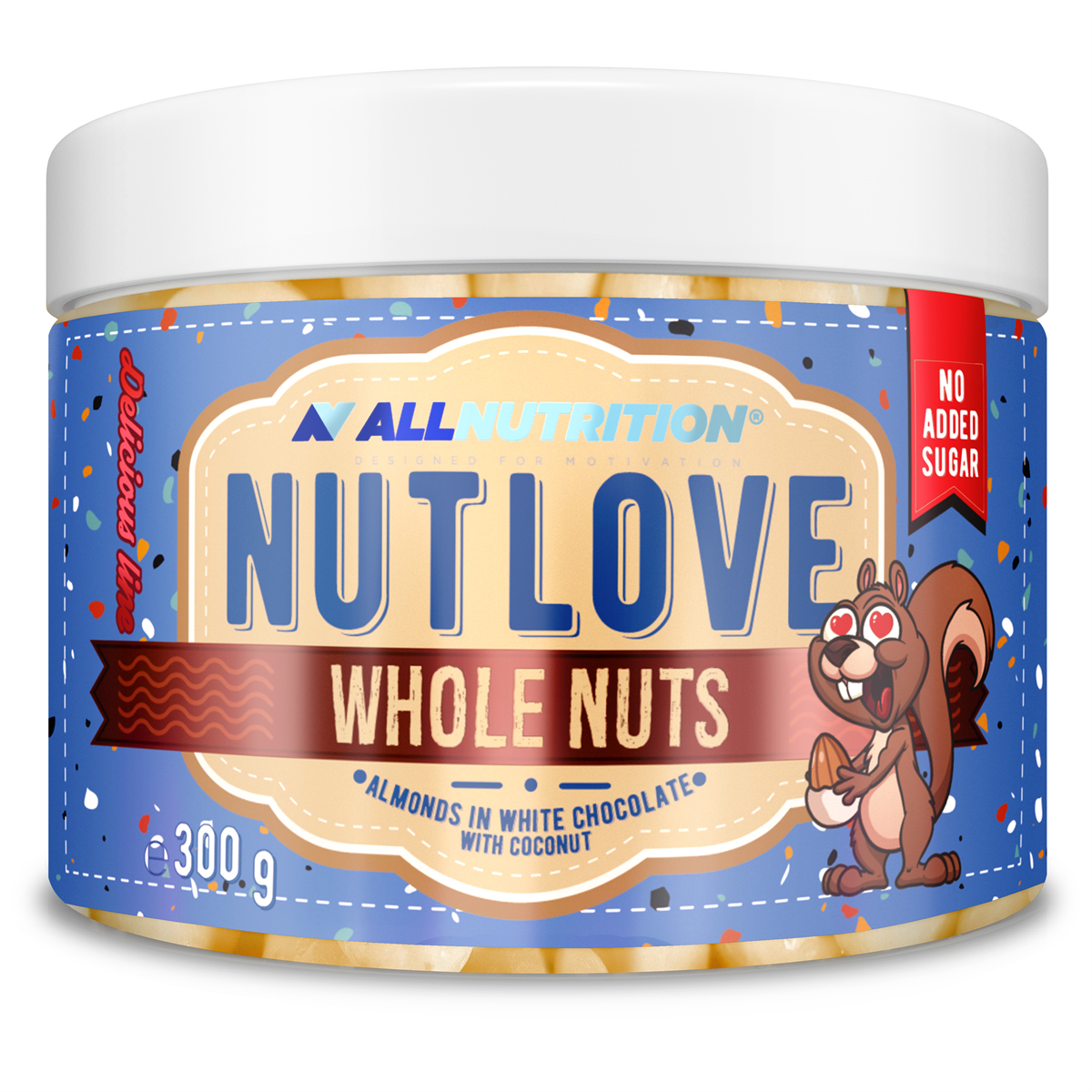 Allnutrition - Nutlove Hela Nötter, Mandlar i Vit Choklad &amp; Kokos - 300g | HälsokostSkuldfria godsaker | Apoteka