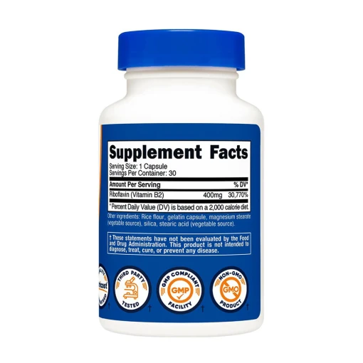 Nutricost - Vitamin B2 Riboflavin, 400 mg, 30 kapslar - Bild 2