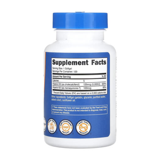 Nutricost - Vitamin K2 (MK7) 100 mcg + Vitamin D3 5000 IU, 120 Mjukkapslar - Bild 2