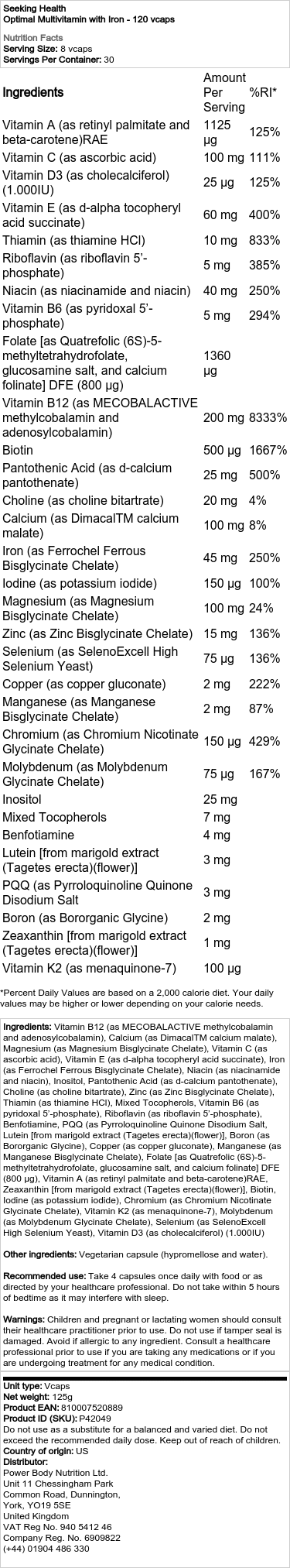 Seeking Health - Optimal Multivitamin med Järn, 120 kapslar - Bild 2