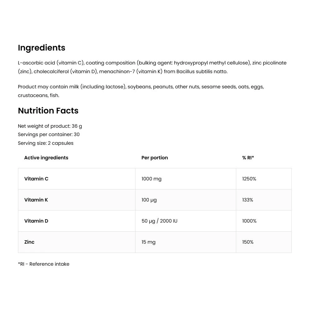 OstroVit - Vitamin D3 2000 IU + K2 MK-7 + C + Zink, 60 kapslar - Bild 2