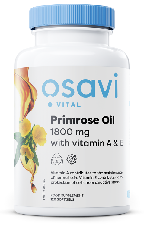 Osavi - Primrosolja med Vitamin A &amp; E, 1800 mg - 120 mjukkapslar | Vitaminer och MineralerHälsa och välbefinnandeKosttillskott för kvinnorHälsokostKvinnors vitaminerPrimulaolja | Apoteka