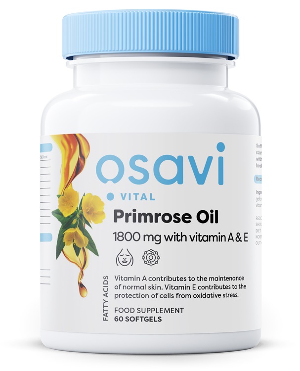 Osavi - Primrosolja med Vitamin A &amp; E, 1800 mg - 60 mjukkapslar | Vitaminer och MineralerHälsa och välbefinnandeKosttillskott för kvinnorHälsokostPrimulaolja | Apoteka