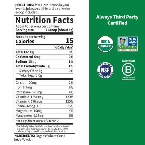 Garden of Life - Rå Ekologisk Perfekt Mat, 100% Ekologisk Amerikansk Vetegräsjuice - 240g - Bild 2
