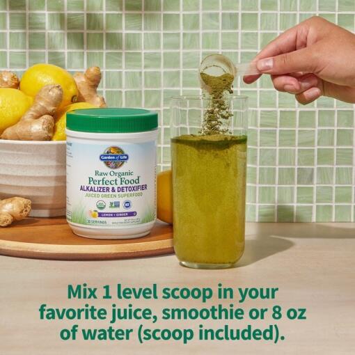 Garden of Life - Rå Ekologisk Perfekt Mat Alkaliserare & Detoxifierare, Citron Ingefära, 282 gram Juiced Green Superfood - Bild 3